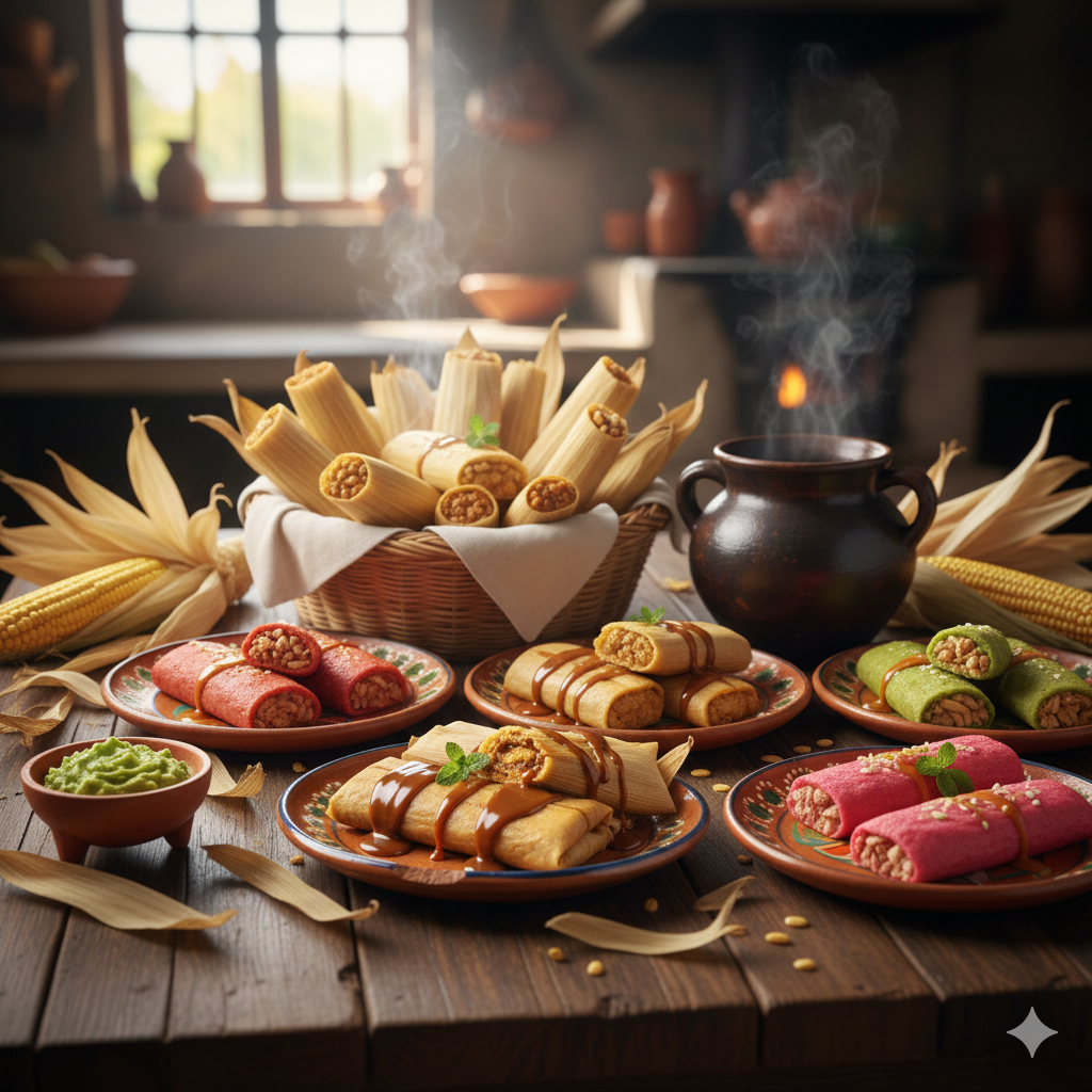 Mesa de tamales y repostería artesanal mexicana